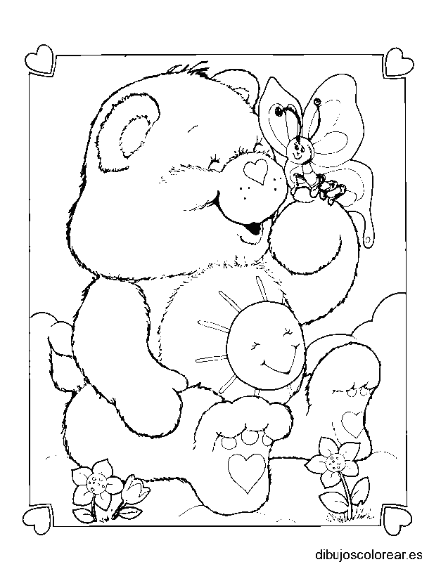 Dibujo de un oso cariño con mariposas para colorear