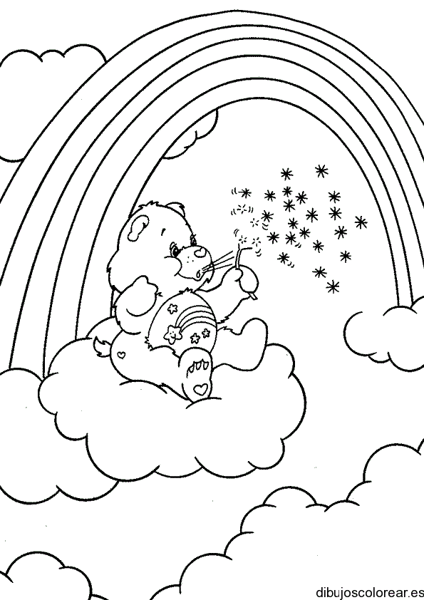 Dibujo de un oso cariñoso y un arco iris para colorear