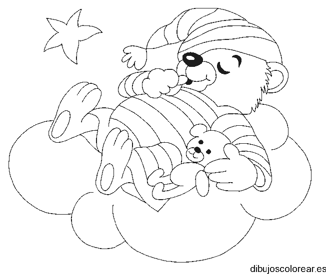 Dibujo de un oso con pijama sobre nubes para colorear