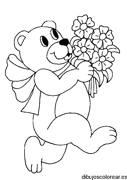 Dibujo de un oso con ramo de flores para colorear