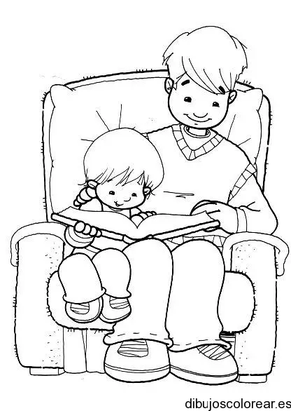 Dibujo de un padre y un niño leyendo para colorear