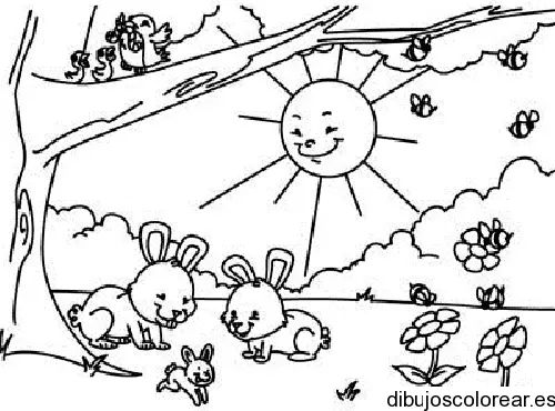 Dibujo de un paisaje con conejitos para colorear