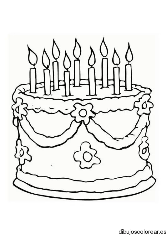Dibujo de un pastel de cumpleaños con velas para colorear