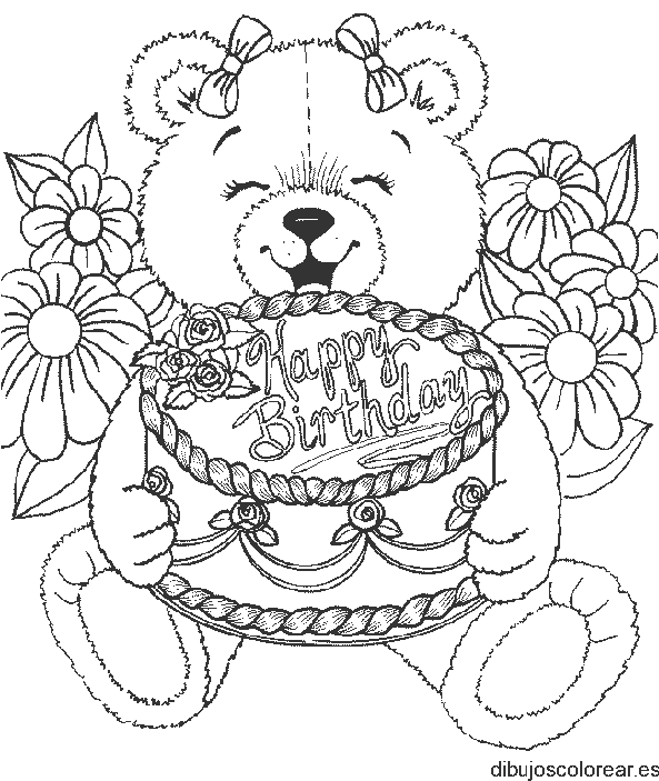 Dibujo de un pequeño oso con pastel de cumpleaños para colorear