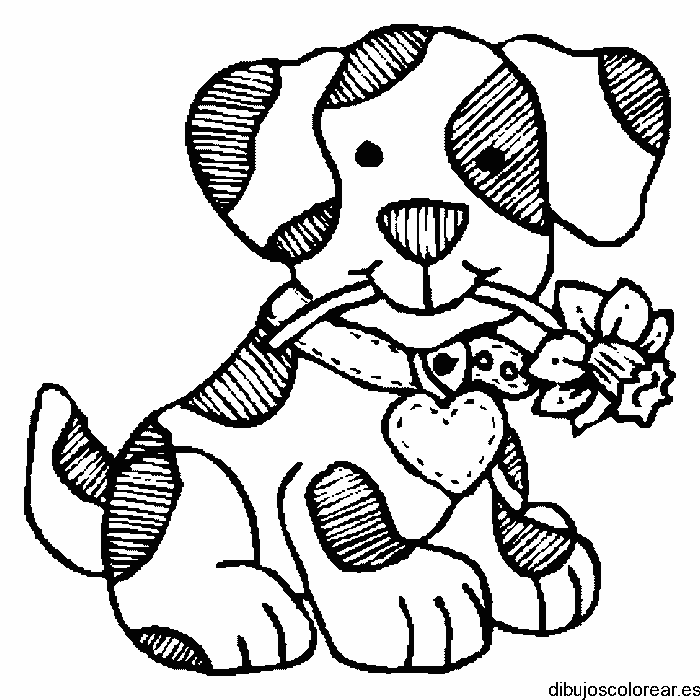 Dibujo de un perro con una rosa y un corazón para colorear