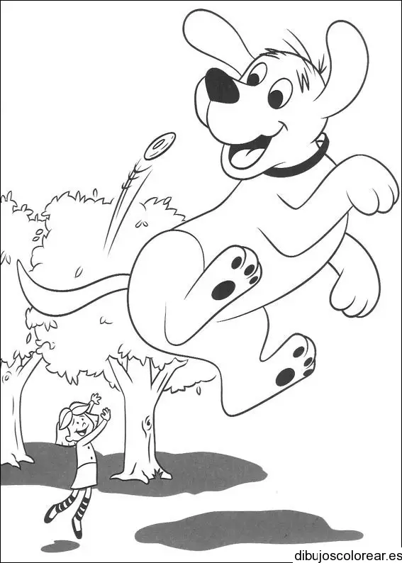 Dibujo de un perro saltando y una niña para colorear