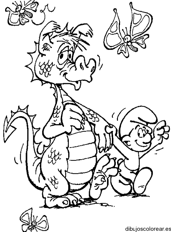 Dibujo de un pitufo con un dragón para colorear