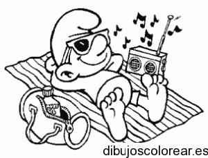 Dibujo de un pitufo escuchando música para colorear