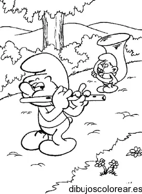 Dibujo de un pitufo tocando la flauta para colorear