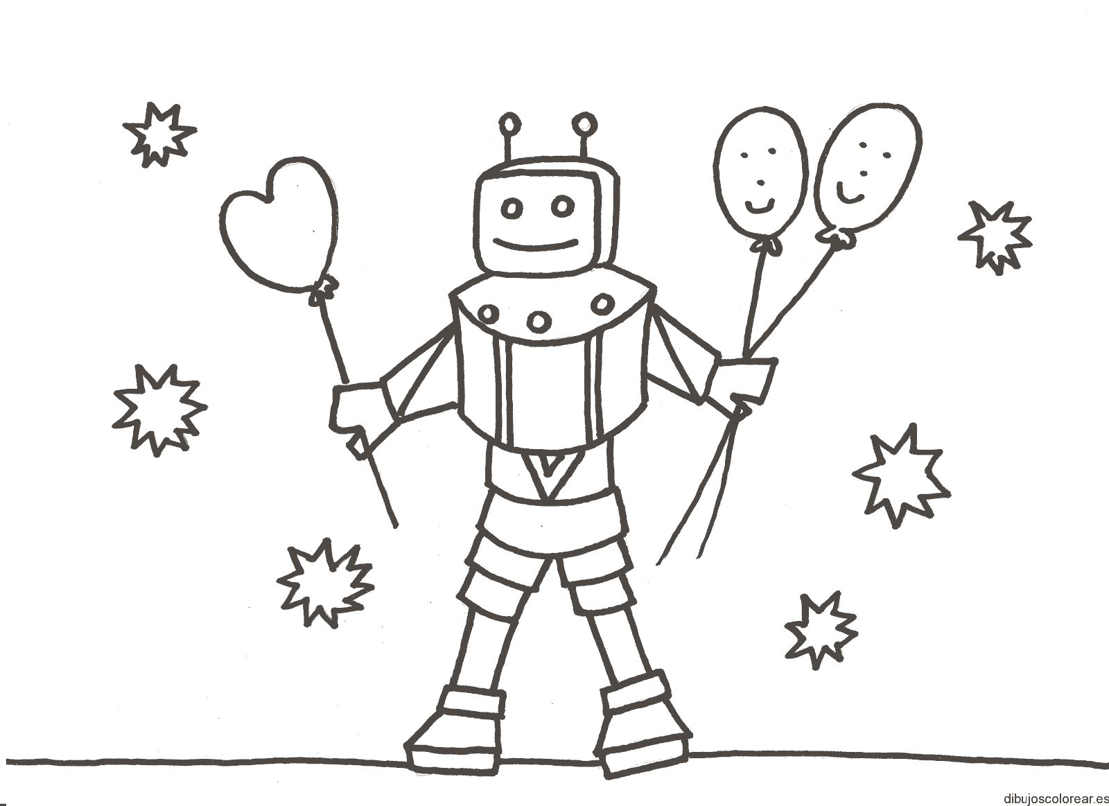 Dibujo de un robot con tres globitos para colorear