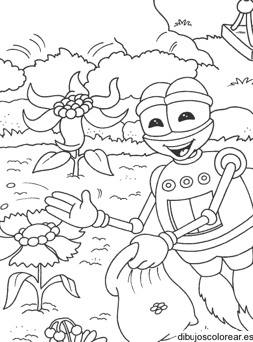 Dibujo de un robot en el jardín para colorear