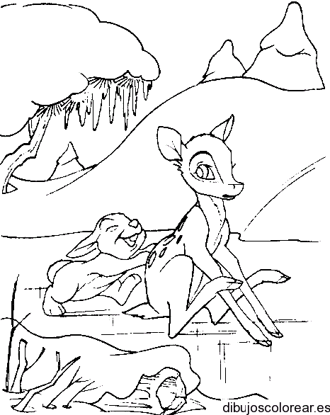 Dibujo de un venado y un conejo en el hielo para colorear