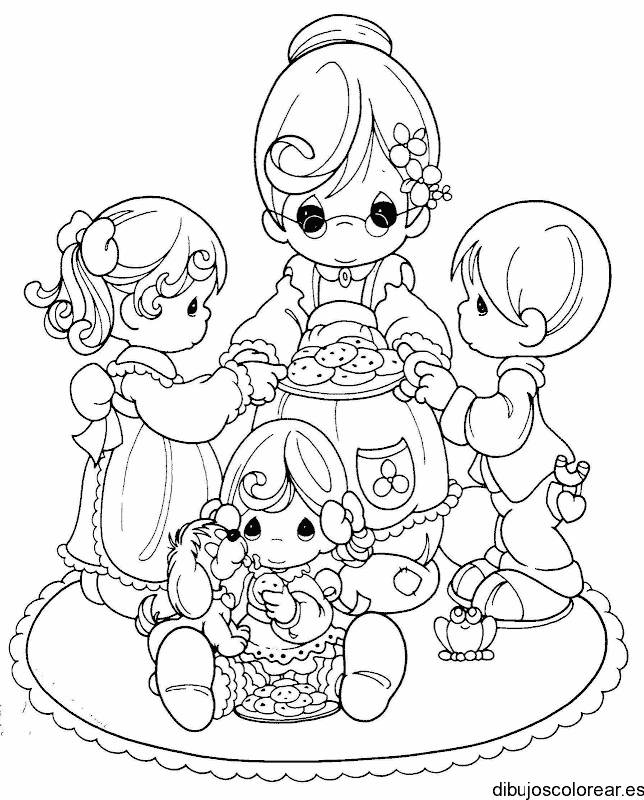 Dibujo de una abuela y sus nietos para colorear