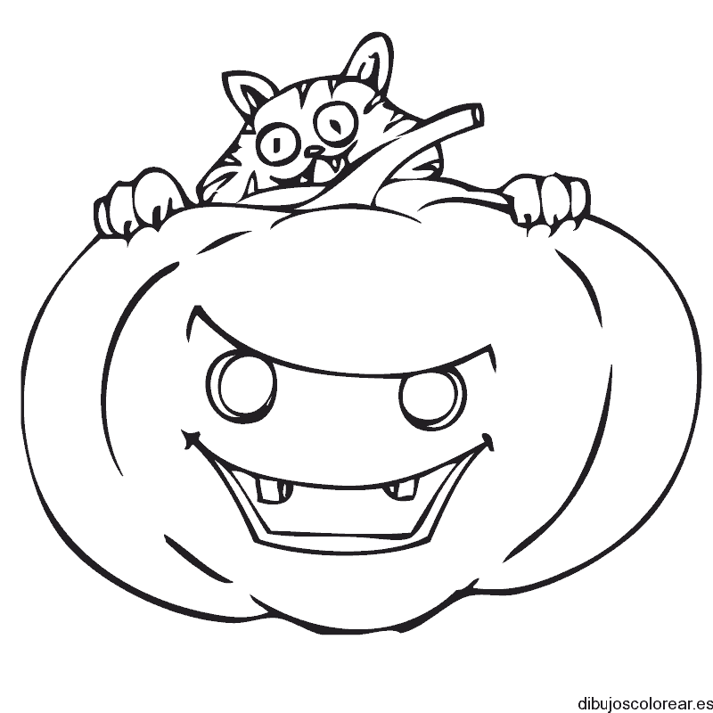 Dibujo de una calabaza y un gato para colorear