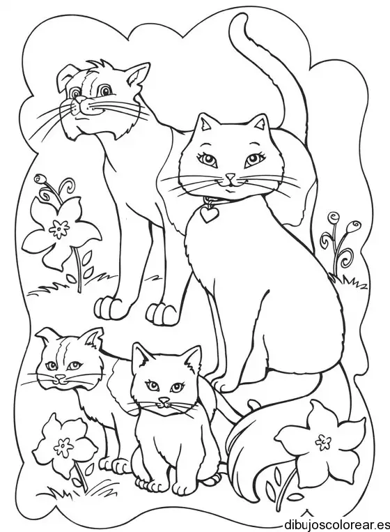 Dibujo de una familia de gatos para colorear