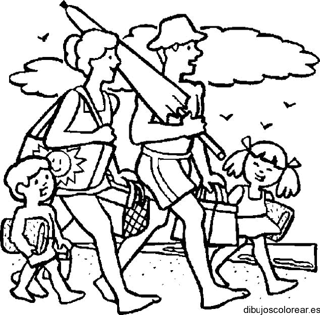 Dibujo de una familia en la playa de veraneo para colorear