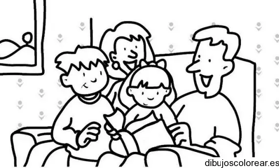 Dibujo de una familia leyendo un cuento para colorear