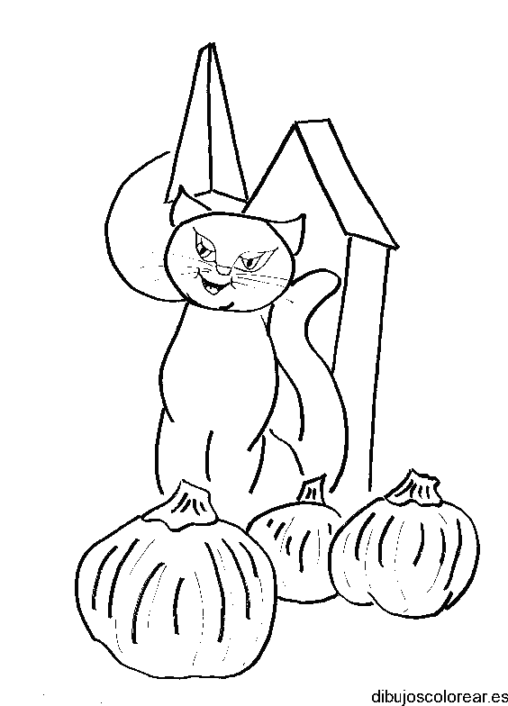 Dibujo de una gato entre las calabazas para colorear