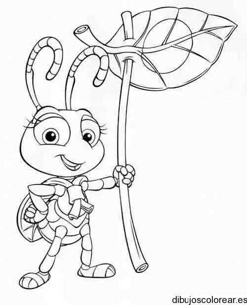 Dibujo de una hormiga sosteniendo una hoja para colorear