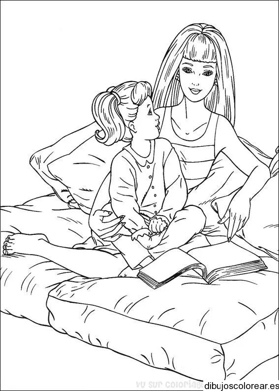 Dibujo de una mamá leyendo a su hija para colorear