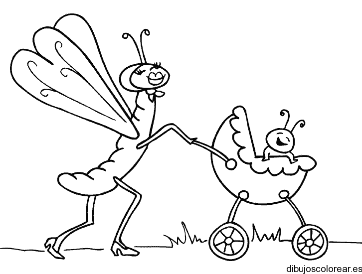 Dibujo de una mariposa con un cochecito para colorear