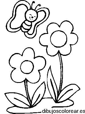 Dibujo de una mariposa sonriendo a las flores para colorear