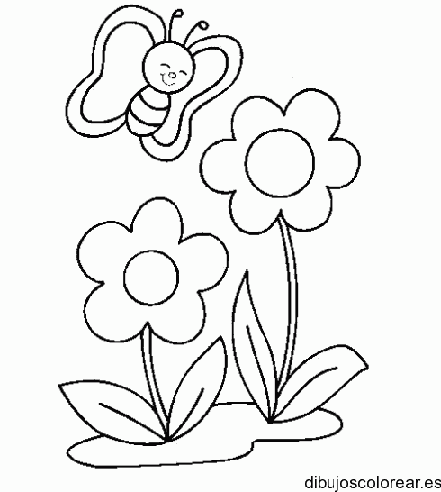Dibujo de una mariposa y dos flores para colorear