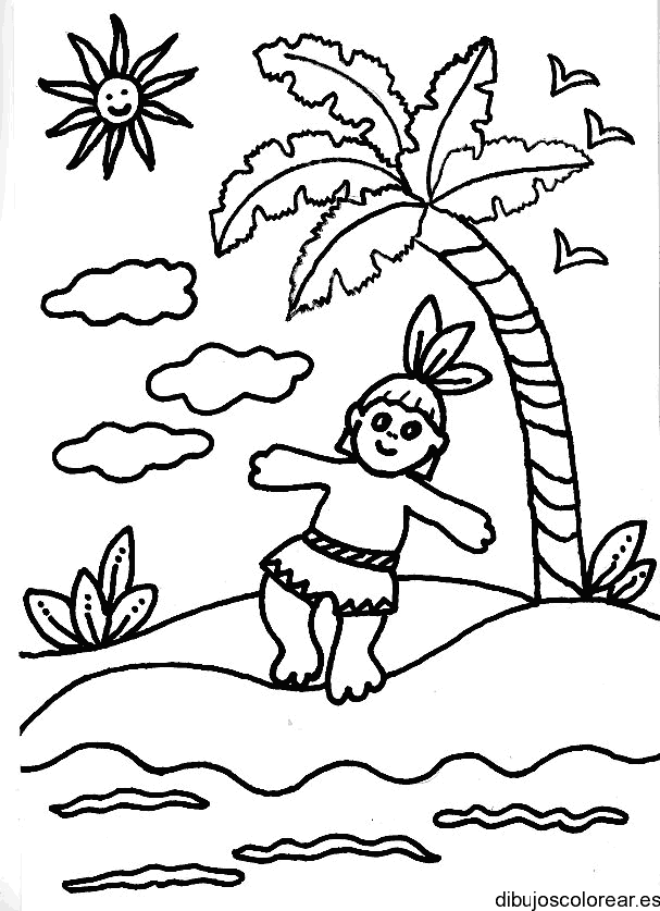 Dibujo de una niña bajo una palmera para colorear