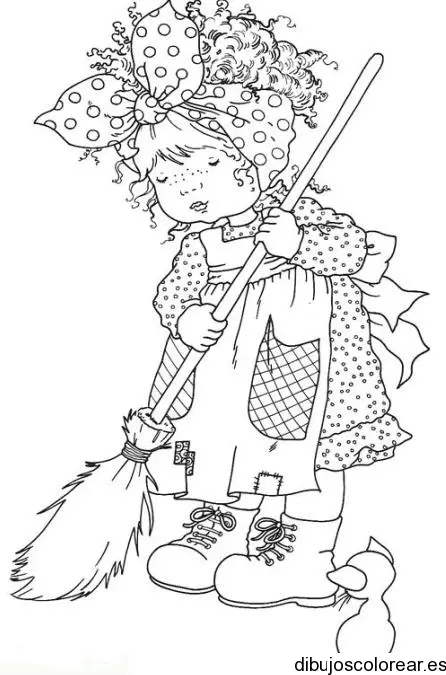 Dibujo de una niña barriendo para colorear