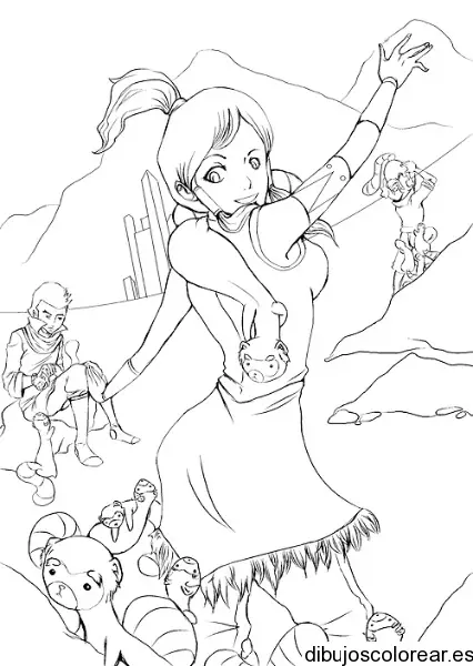 Dibujo de una niña con mapaches para colorear