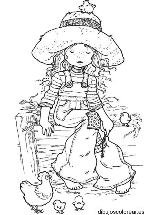 Dibujo de una niña con pollos para colorear