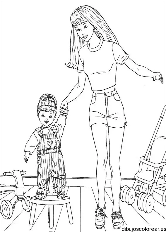 Dibujo de una niña con su madre para colorear