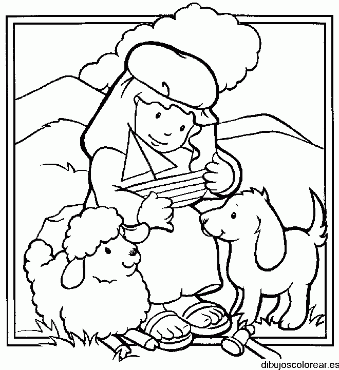 Dibujo de una niña con sus mascotas para colorear