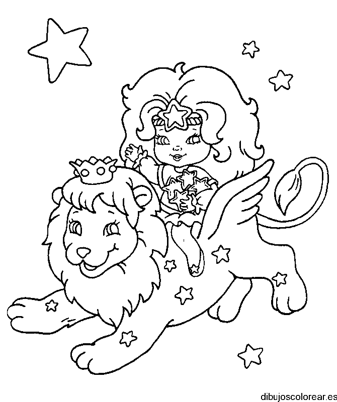 Dibujo de una niña con un león volador para colorear