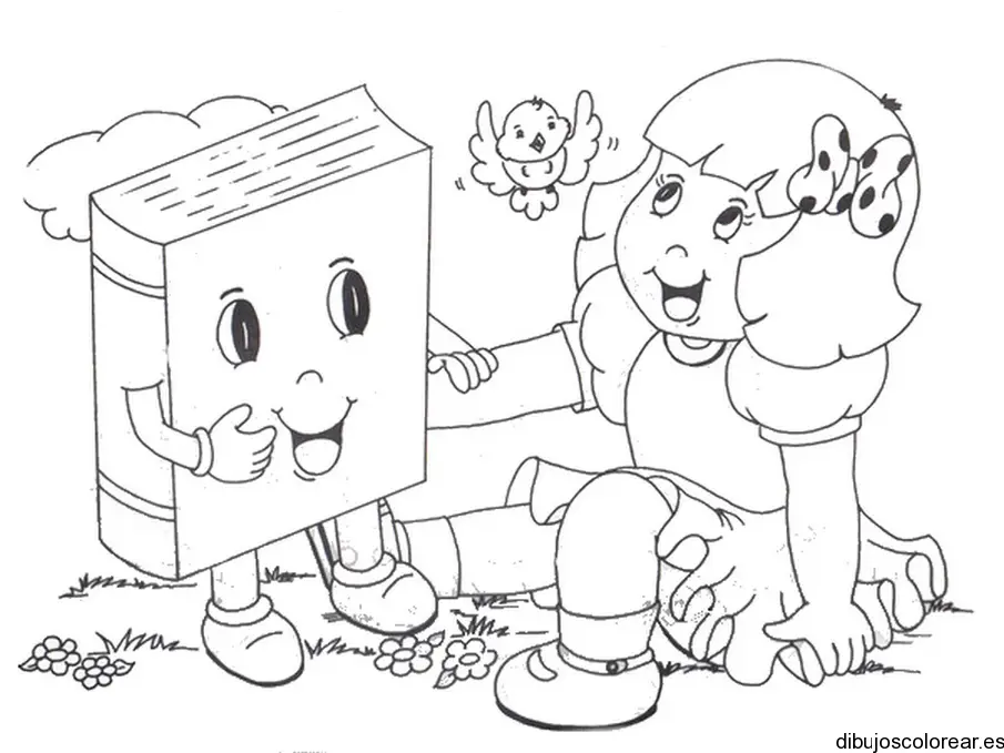 Dibujo de una niña con un libro para colorear