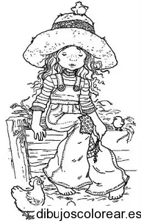 Dibujo de una niña con una gallina para colorear