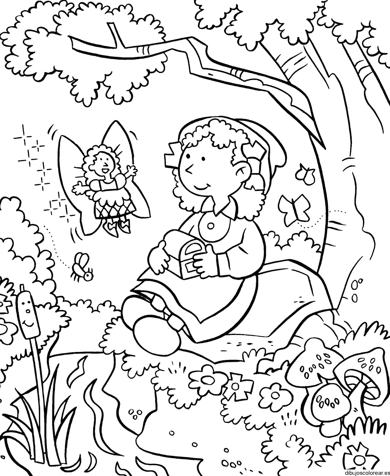 Dibujo de una niña con una hada para colorear