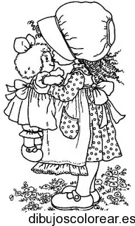 Dibujo de una niña con una muñeca para colorear
