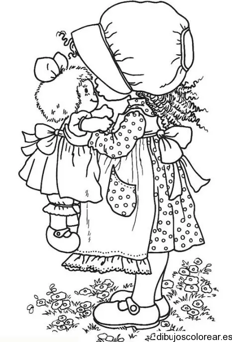 Dibujo de una niña con una muñequita para colorear