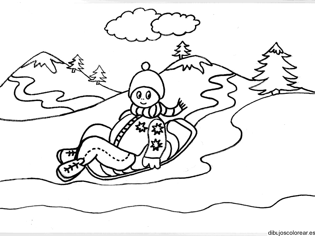 Dibujo de una niña deslizándose en la nieve para colorear