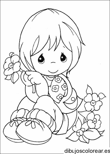 Dibujo de una niña en el jardín con flores para colorear