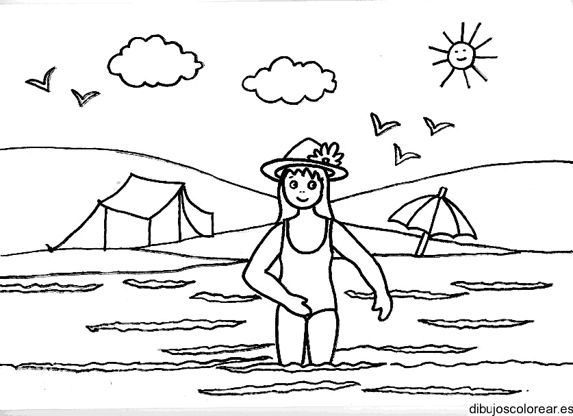 Dibujo de una niña en la playa para colorear