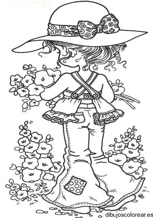 Dibujo de una niña entre las flores para colorear