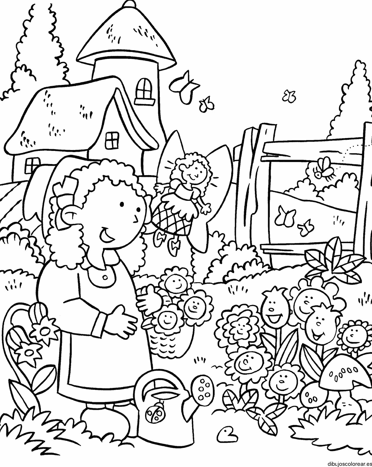 Dibujo de una niña hablando con las flores para colorear
