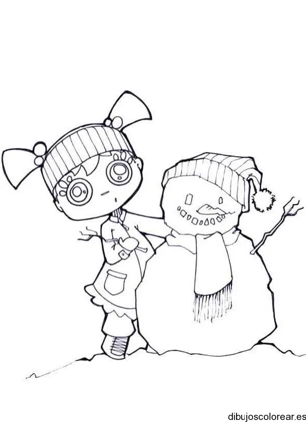 Dibujo de una niña haciendo un hombre de nieve para colorear