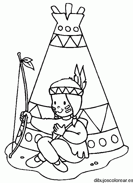 Dibujo de una niña indígena con una lanza para colorear