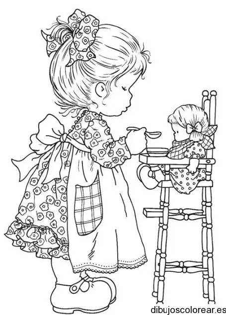 Dibujo de una niña jugando a cocinera para colorear