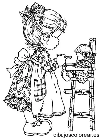 Dibujo de una niña jugando a mamá para colorear