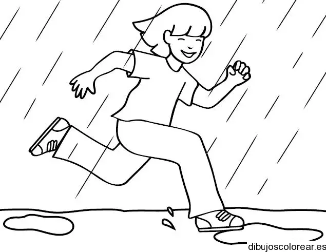 Dibujo de una niña jugando bajo la lluvia para colorear