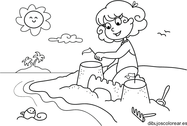 Dibujo de una niña jugando en la playa para colorear